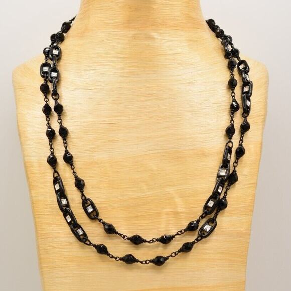 St. John Vintage Crystal Necklace Black Square Rhinestone Heavy Signed Bin3D